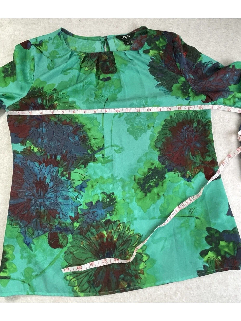 J Crew Women Green Floral Satin Long Sleeve Basic Blouse Round Neck Size XS